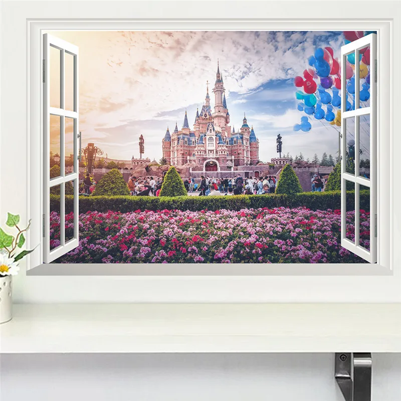 

Fantastic Garden Castle Window Wall Stickers For Living Room Bedroom Home Decoration 3d Mural Art Diy Pvc Scenery Wall Decals