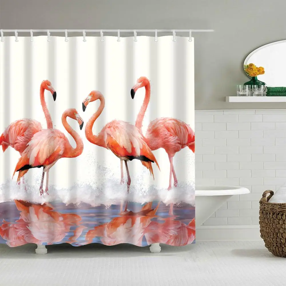 Розовая занавеска для душа с Фламинго Dafield тропические цветы и фламинго