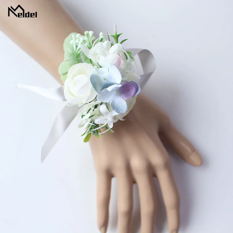 Meldel Wedding Wrist Corsage Groom Boutonnieres Quality Bridal Flower Girl Bracelet Men White Boutonniere |