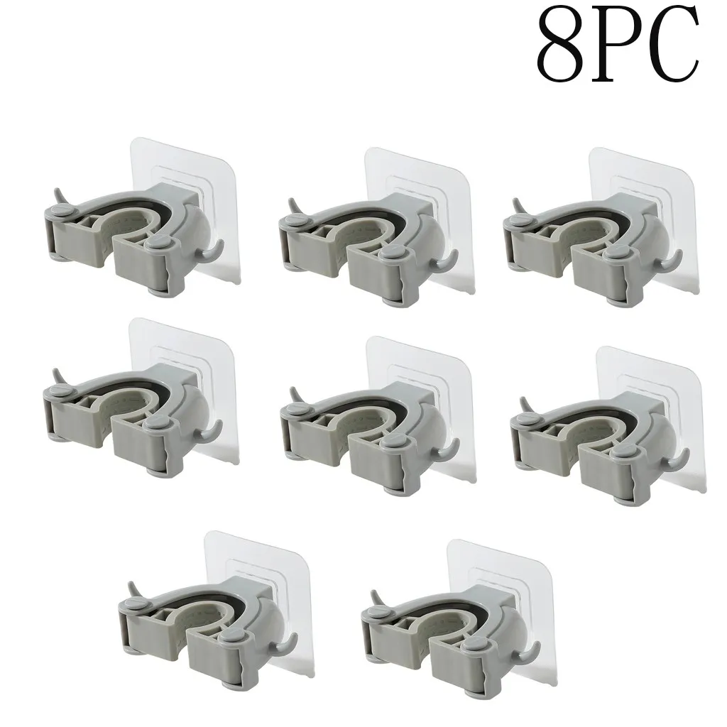 

Wall Mounted Broom Rod Clamp Sticker Organizer with Side Hooks Umbrella Mop Clamp Holder Bathroom Brush Rag Hanger