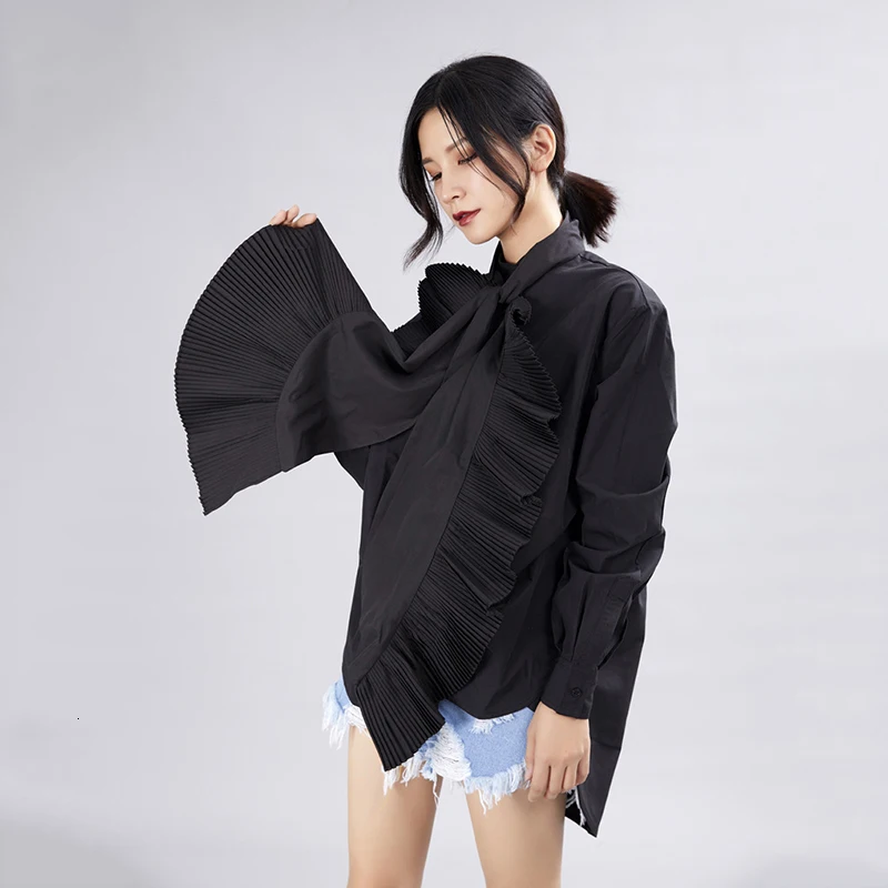 

XUXI 2019 New Spring Autumn Stay Long Neck Sleeve Plissed Point Personality Button Amendments Shirts And Women Mode FZ0208