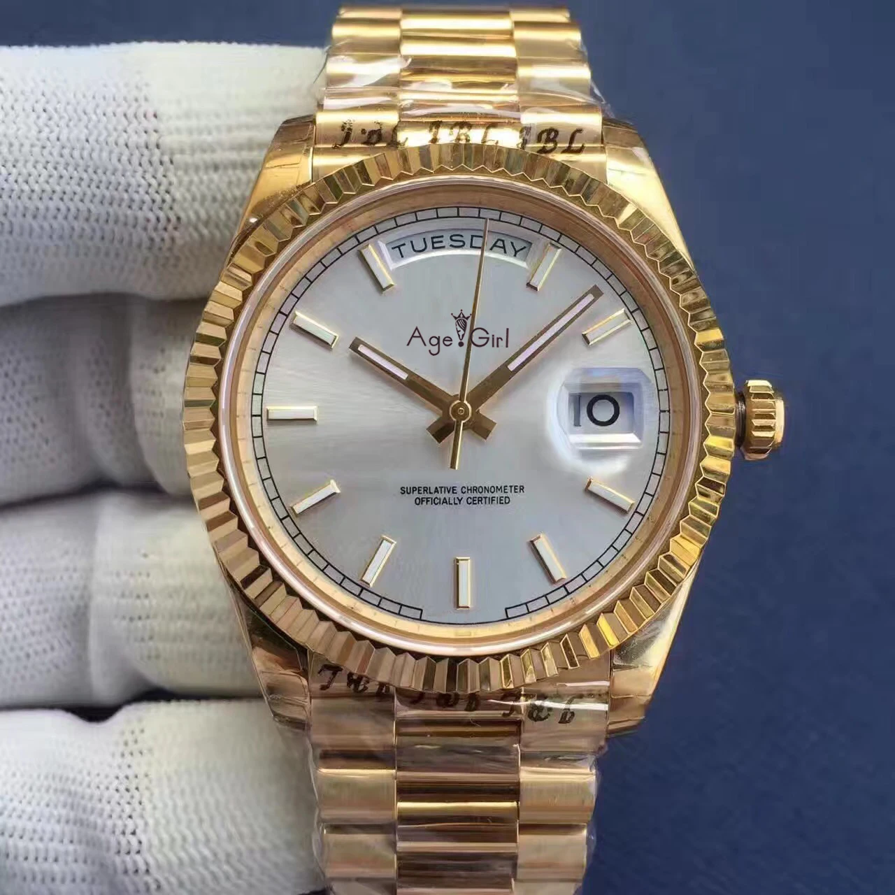 Gold White Роскошные брендовые новые мужские часы Daydate цвета: золотистый, серебристый, черный, синий, автоматические механические часы из нержавеющей стали сапфировые спортивные римские зеленые часы 41 мм - Цвет: Gold White