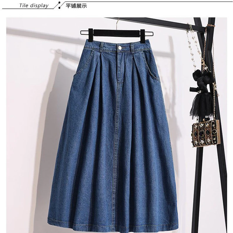

Summer Plus Size Women's Denim Pleated Skirts Female Student Korean Jeans Loose Mid-Length A-Line Umbrella Long Skirt New 2021