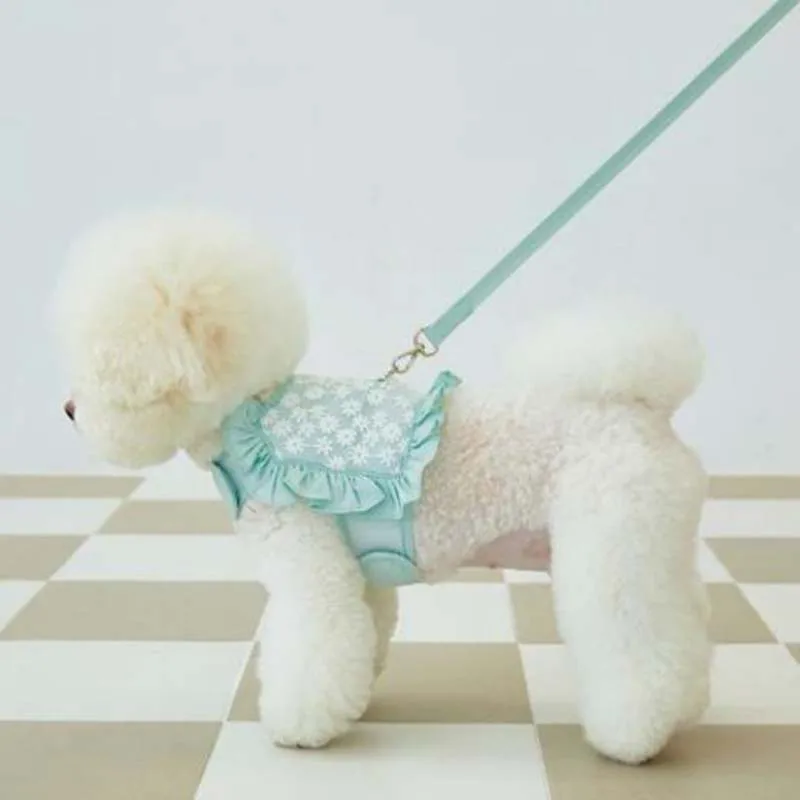 

INS Korean Pet Supplies Dog Traction Breathable Embroidered Flower Mesh Chest Strap Yorkshire Maltese Puppy Strap Leash Set