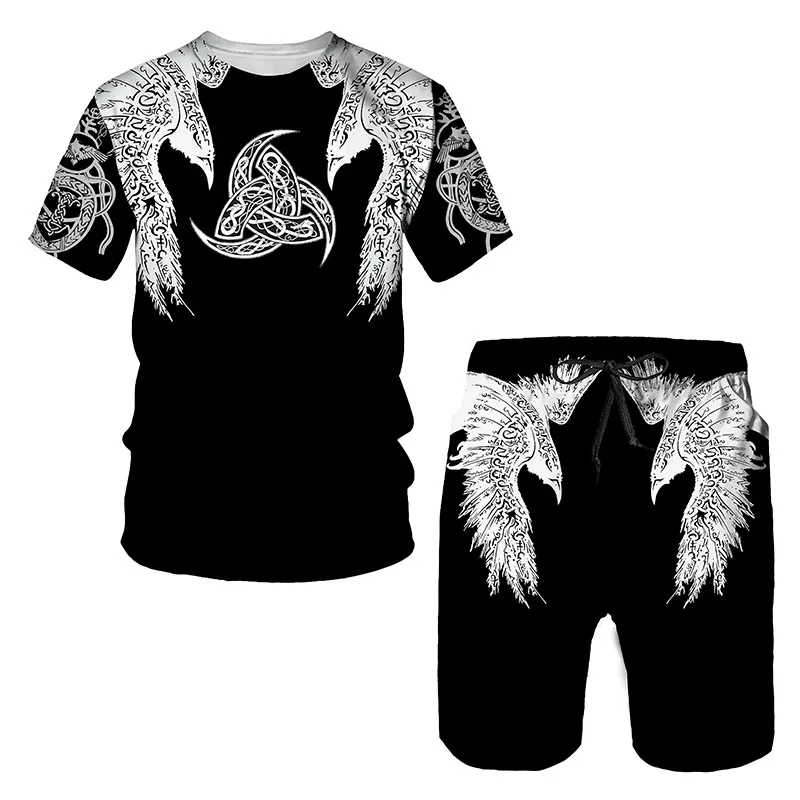 

2021 Summer Viking 3D Printed Men's T-shirt Shorts Set Men's Sportswear Tracksuit O Neck Casual Short Sleeve Men's Clothing