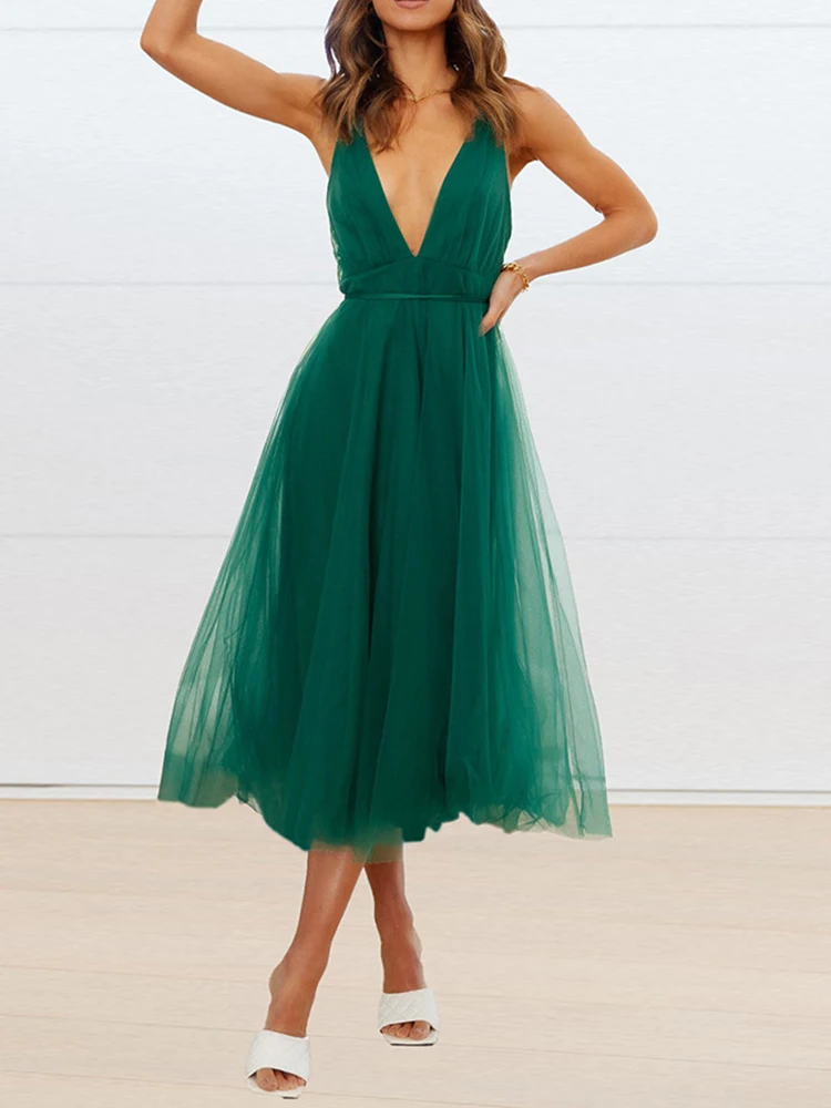 

Женское длинное платье на шнуровке, Элегантное летнее платье-трапеция без рукавов с открытой спиной и V-образным вырезом, сексуальные празд...