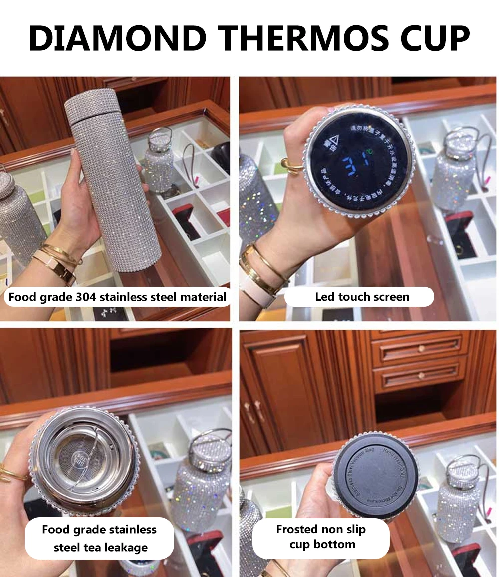 

500ml Creative Diamond Thermoses Water Bottle Stainless Steel Smart Temperature Display Vacuum Flask Gift for Men Women