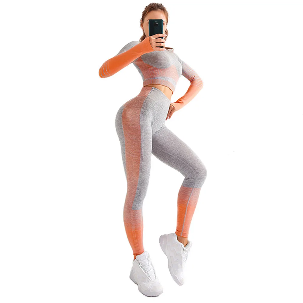 

2 Piece Yoga Suit Large Size Gradient Yoga Sports Suit Women's Seamless Yoga Pants Quick-dry Coat Tops Long Fitness Suit