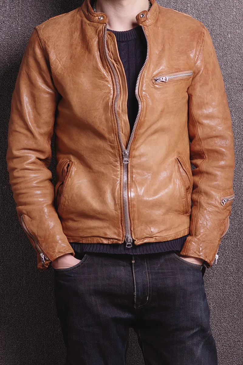 

fit Men's slim real leather jacket fashion wrinkle yellow motorcycle leather jacket men water finish leather biker jacket male