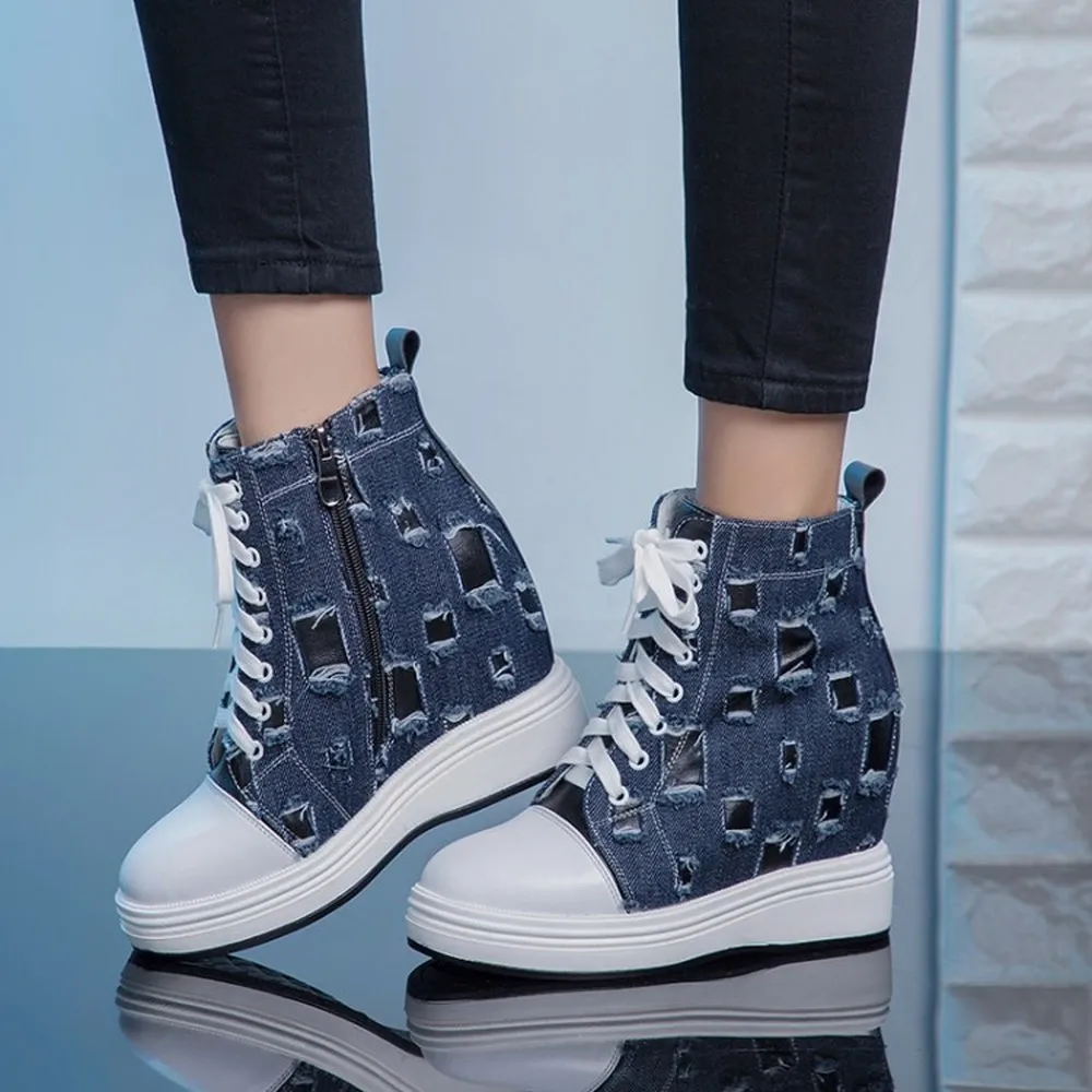

Hot Sale Womens Denim Jeans Genuine Leather Sneakers Lace Up Wedge Hidden Heel Casual Shoes High Top Korean Style 3Colors New