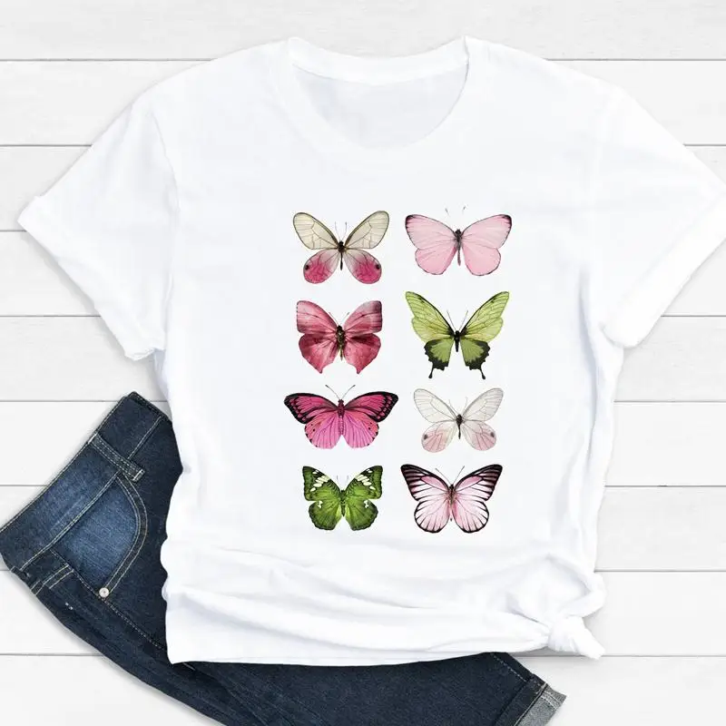 

Женская одежда кавайная одежда, с героями мультфильмов, с бабочками, летняя пляжная 90s модные принты короткий рукав Футболка женская футбол...