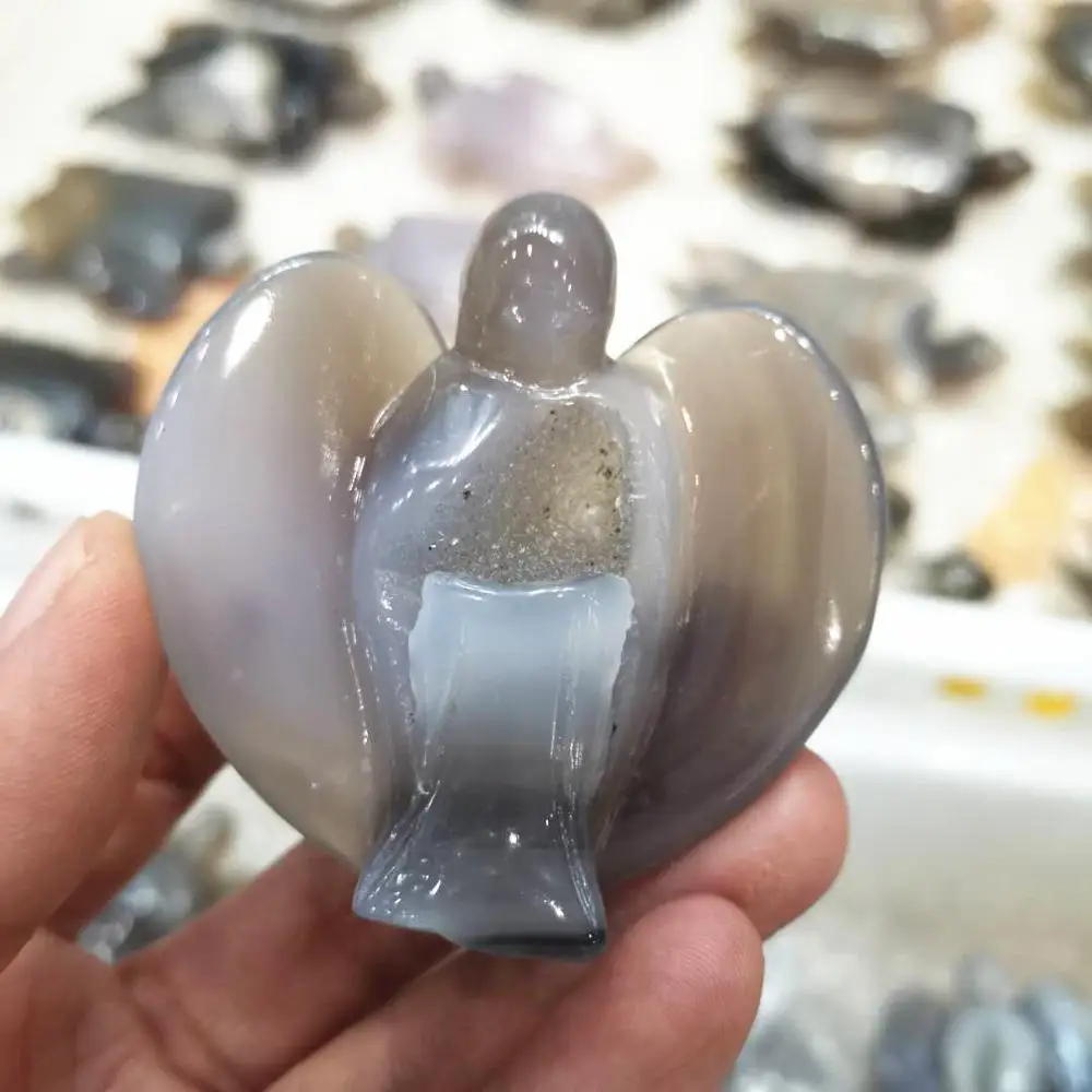 

Natural Agate geode Hand Carved Gemstone Crystals Pray Angel Decoration Figurine