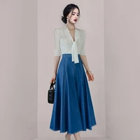 2022 spring new korean womens high end temperament v bow tie top large swing contrast color denim skirt two piece set