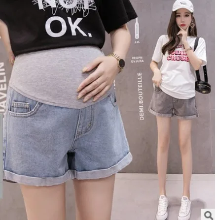 

2021new Fringed Dark Blue Denim Maternity Shorts Elastic Waist Pregnancy Short Jeans Summer Clothes for Pregnant Women