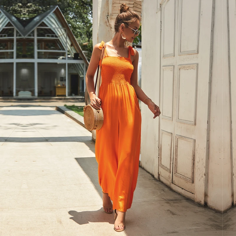 Женские Длинные Комбинезоны на тонких лямках Свободные повседневные однотонные