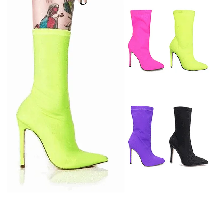 

Women's shoes medium boots elastic cloth pointed thin heel socks boots high shoes big size 43