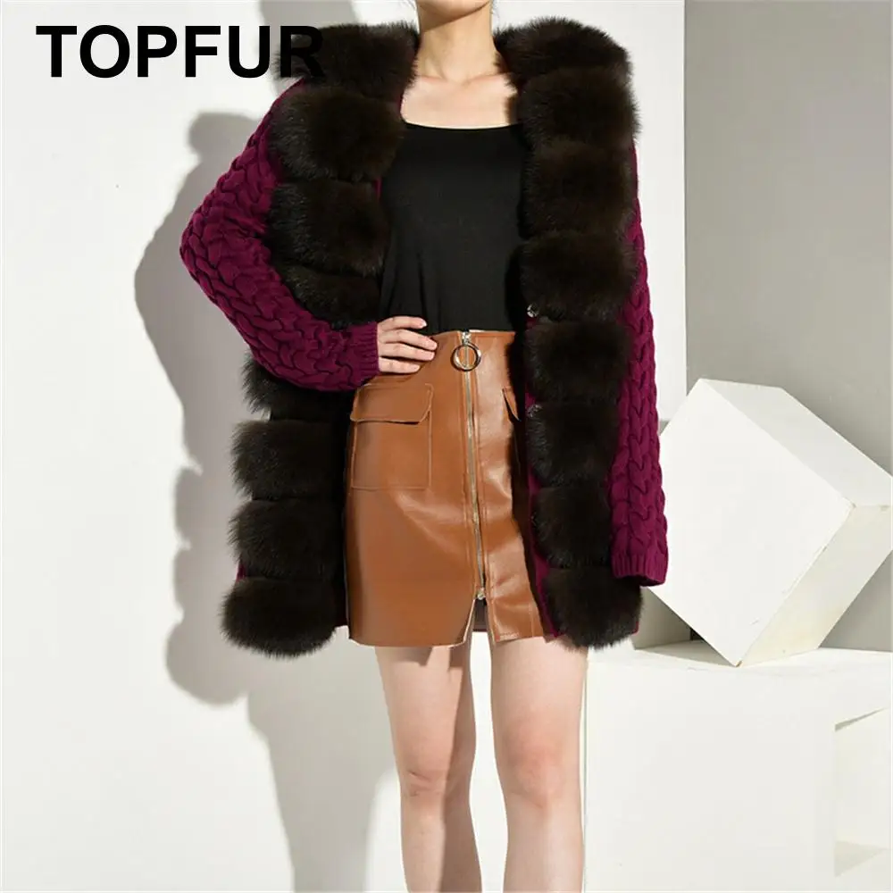 Модное пурпурное вязаное пальто TOPFUR с воротником из лисьего меха натурального