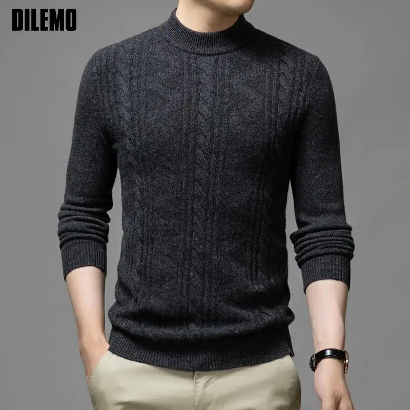 

Wool 100% Top Grade Thick New Fashion Designer Brand Knit Pullover Mens Sweater Casual Jumper Half Turtleneck Men Clothing