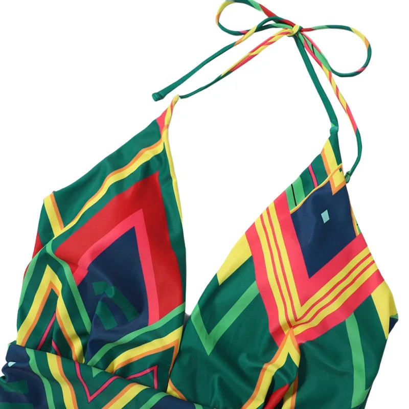 

2021 Summer Women Swimsuit Print Lace Up One Piece Swimsuit Bikini V Neck Backless Swimwear Female Beachwear Biquini
