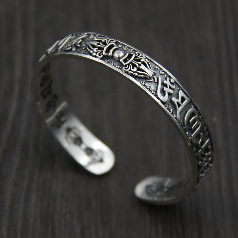 

S925 Sterling Silver Tibetan Six Words Mantra vajry pestle Bangles for Men and Women Thai Silver Buddhist Open Bracelet