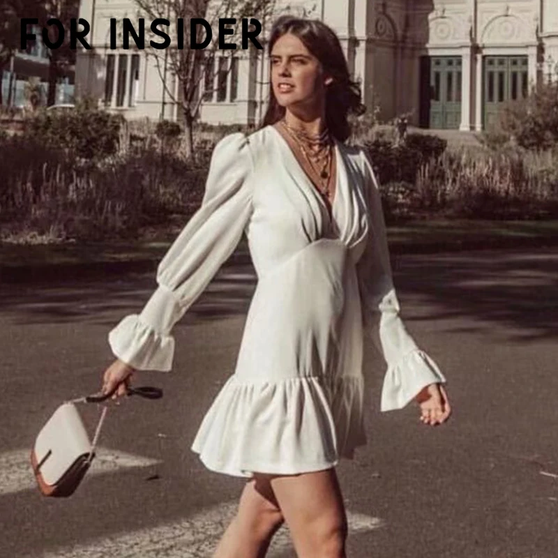 For Insider V neck vintage ruffle white dress Women flare sleeve slim bodycon elegant Party club autumn winter sexy | Женская одежда