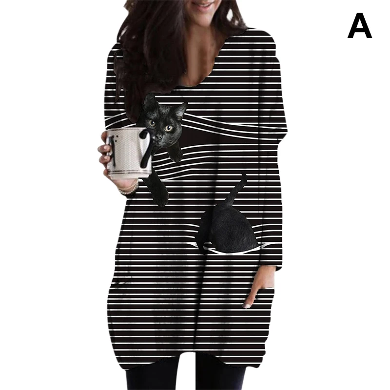 

Autumn Winter Striped Round Neck Pullover Sweatshirt Loose Long Sleeve Casual Long Top Women HB88