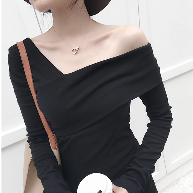 

Женская футболка без бретелек, облегающая футболка с длинными рукавами и косым плечом, осень 2021