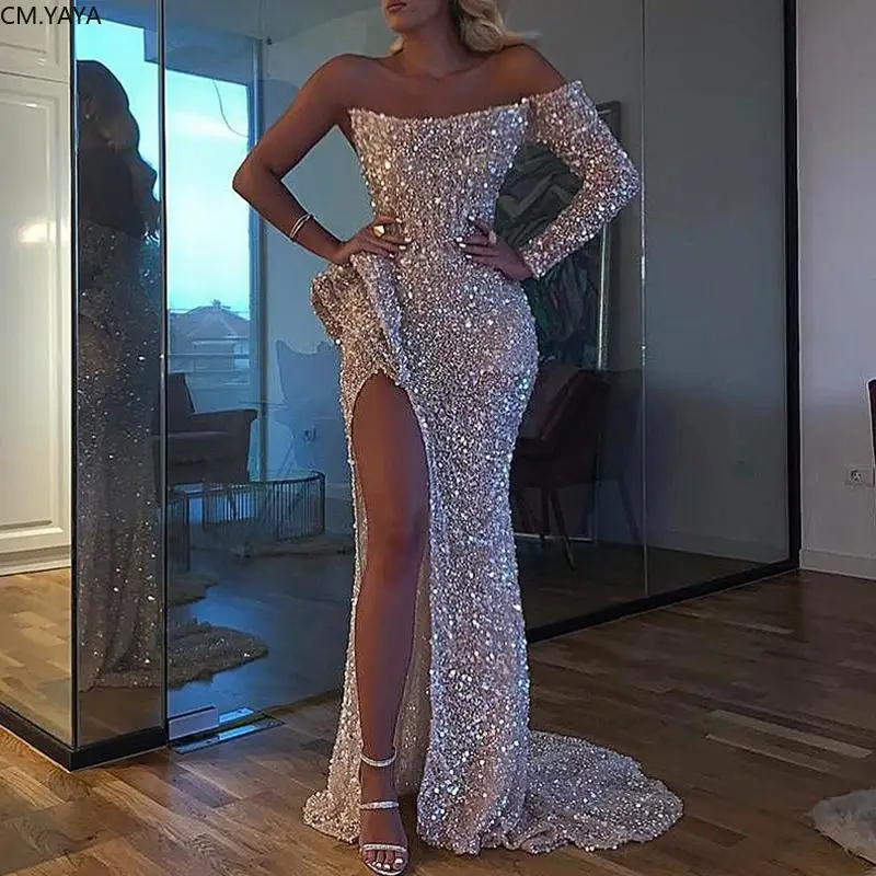 Женское платье с блестками вечернее однотонное платье-Русалка Макси вырезом