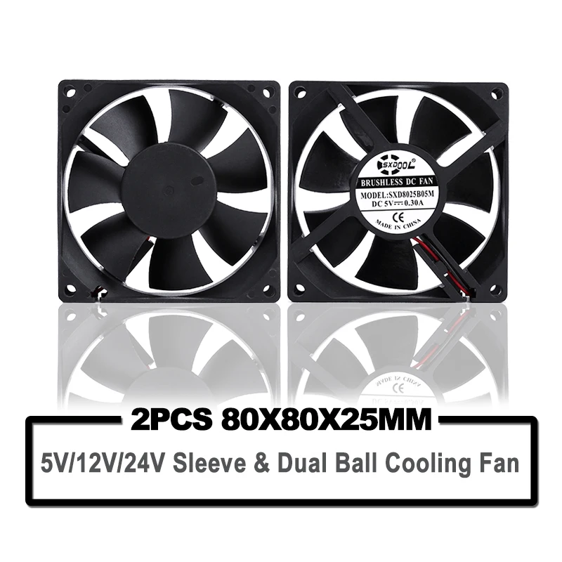 

2pcs SXDOOL 5V 12V 24V 80mm 8cm Cooling Fan 80x80x25 mm 8025 Sleeve/Ball PC Computer Case Fan DIY Router GPU CPU Cooling Fan