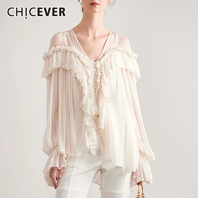 CHICEVER Корейская гофрированная белая женская рубашка с v образным вырезом рукава