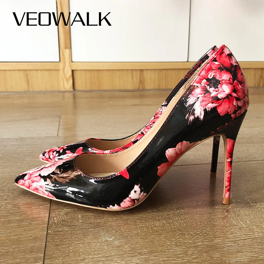 Veowalk-zapatos de tacón alto con punta en pico para mujer, calzado de piel de microfibra, Stilettos con flores rosas, talla grande, 2021