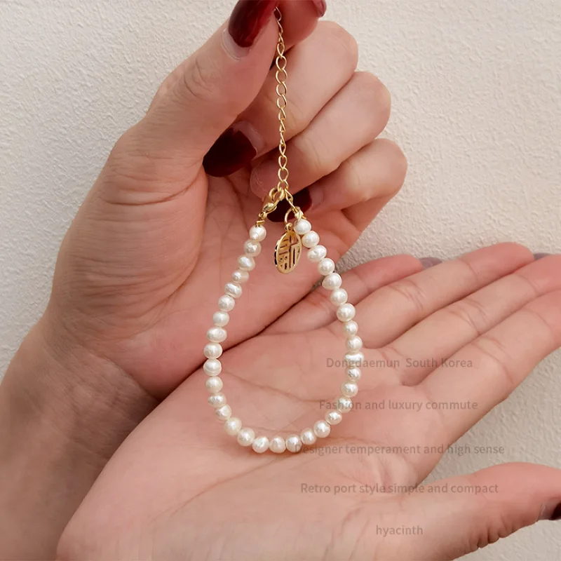 

S925 Sterling Silver Korean Version Of Fu Brand Pearl Bracelet Female Exquisite Natural Niche Design Sense Bracelet Iucky Chain