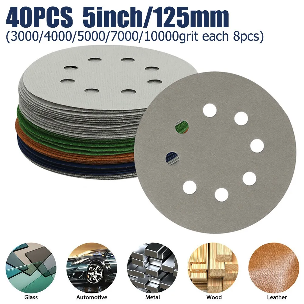 

5inch/125mm Sanding Disc Loop Sandpaper Orbital Sander Includes 40pcs Sandpaper,8Pcs Of Each Grit:3000/4000/5000/7000/10000.