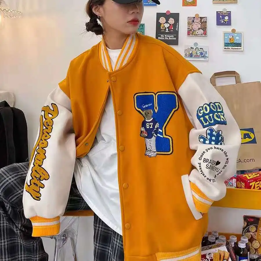 

Hip-hop flocking bear baseball bomber jacket womens 2021 autumn and winter letter embroidery jacket couple campus street leisure