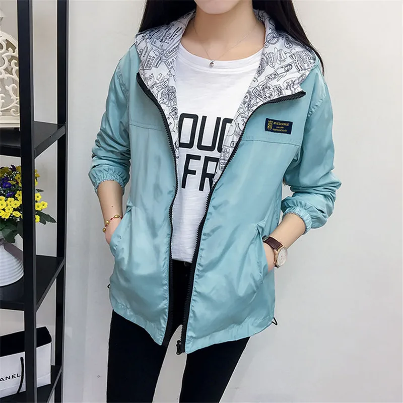 Student Jacket Women 2021 Spring Summer New Fashion Preppy Letter Print Double Face Can Wear Short Loose Thin Hooded Coats N827 | Женская