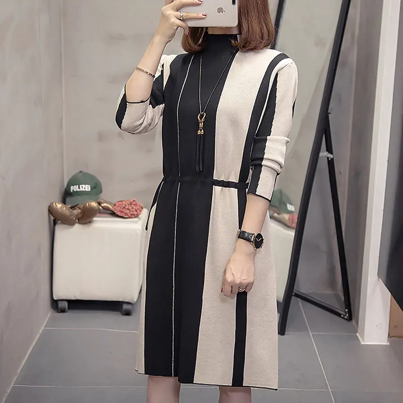 Женское трикотажное платье свитер с длинным рукавом свободного покроя|Женские