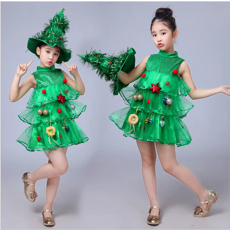 

Cute Dress Outfits Toddler Kids Baby Girls Fashion Christmas Tree Costume Dress Tops Party Vest+Hat Outfits Polyester Costumes