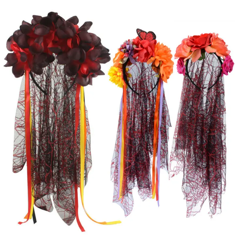 

Day Of The Dead Veil Corpse Bride Roses Headwear Mexican Halloween Fancy Dress Flower Hairband Scary Party Cosplay Costume