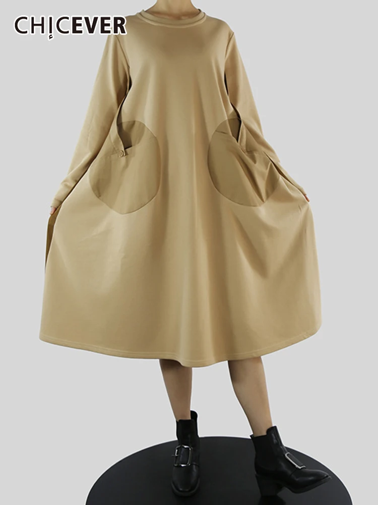 

CHICEVER повседневное черное плиссированное платье миди со складками для женщин с отворотом и длинным рукавом, двухцветные прямые свободные Ве...