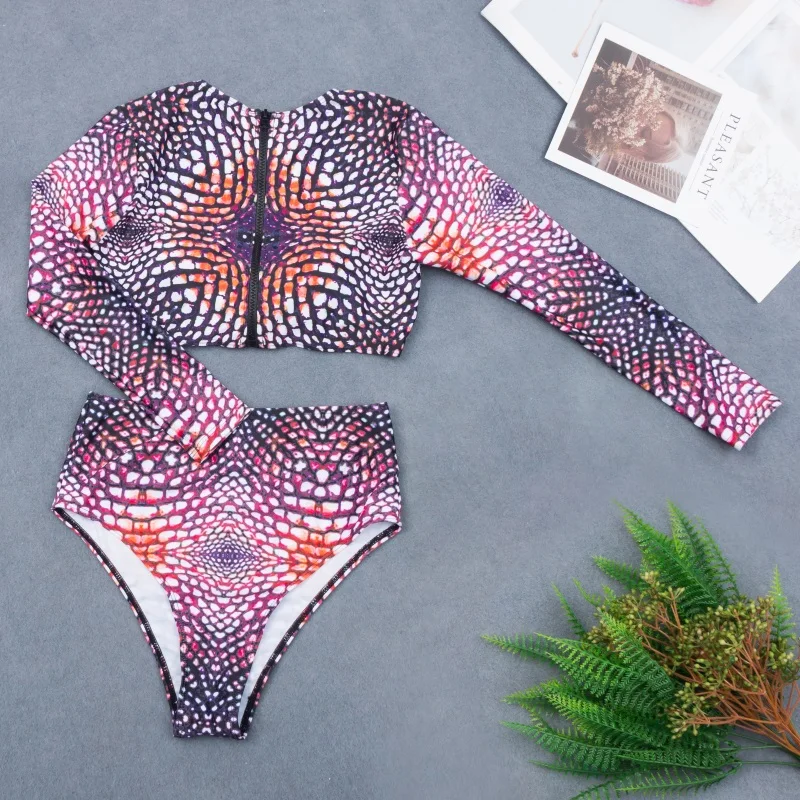 

African Print High Waist Bikini Long Sleeve Swimsuit Deep V Bathing Suit Buckle Biquini High Waisted Swimwear Sexy Bikini 2020