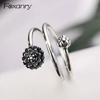 foxanry 925 stamp vintage rings for women couples new trendy thai silver flowers anillos party jewelry adjustable