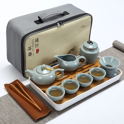 Качественный дорожный чайный набор кунг-фу чайник чашки gaiwan infuser chahai портативная коробка cozies деревянный бамбуковый поднос китайский чайный церемониальный набор - Цвет: SET 19
