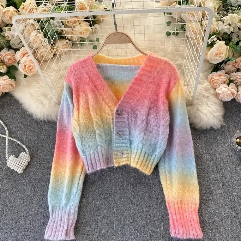 

Korean Fashion Rainbow Striped Knitted Cardigan Sweater Women Loose Long-Sleeve V-neck Tie-Dye Tops Ladies Sueters De Mujer