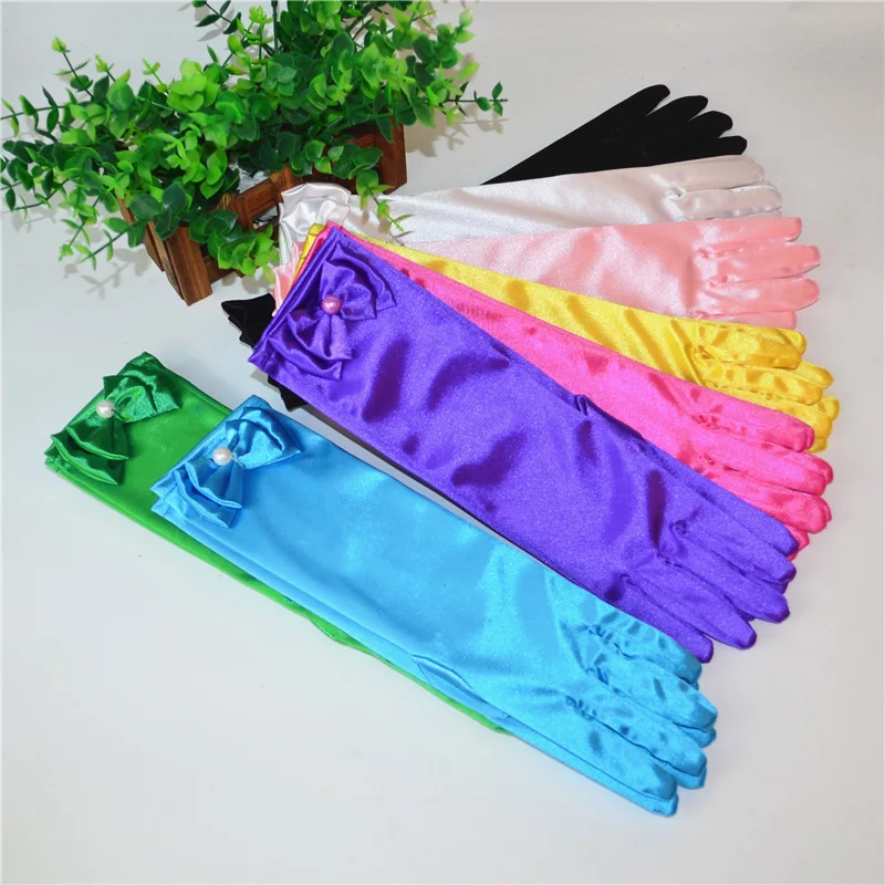 

12Green Satin Bridal Gloves for girls Long princess Cosplay Accessories wedding dress glove with bow costume birthday gift