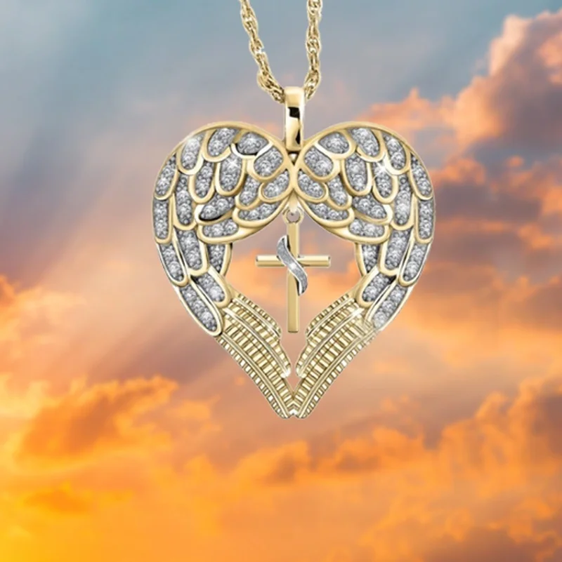 

New Fashion and Exquisite Full of Zircon Love Angel Wings Cross Necklace Women Romantic Wedding Jewelry Holiday Gifts Wholesale