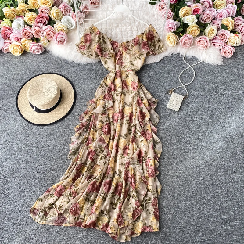 

Women's Spring Summer Runway Fashion Short Sleeve V Neck Chiffon Print Dress Female High Waist Chic Travel Beach Dress TB1979