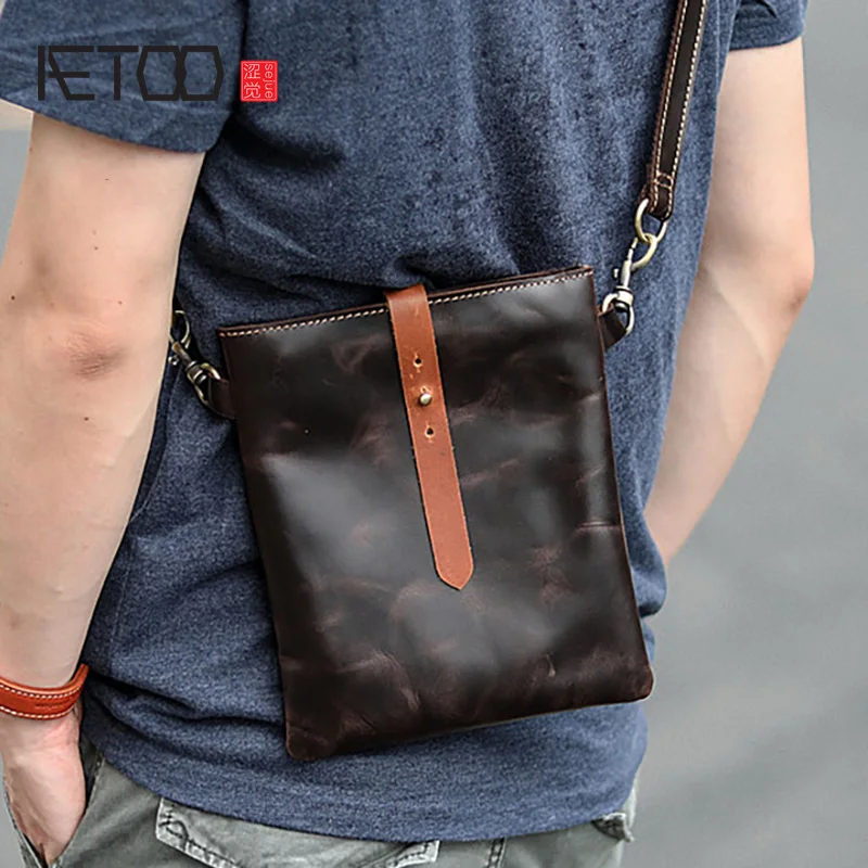 AETOO винтажная мужская сумка через плечо трендовая кожаная Наклонная Сумка