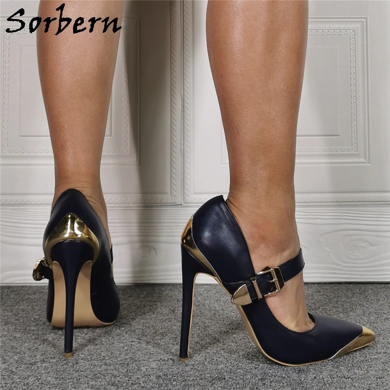 

Sorbern Navy Blue Mary Janes Women Pump Shoes High Heel Stilettos Pointed Toe Lady Shoes Women Girls Shoes Size 35 Custom Color