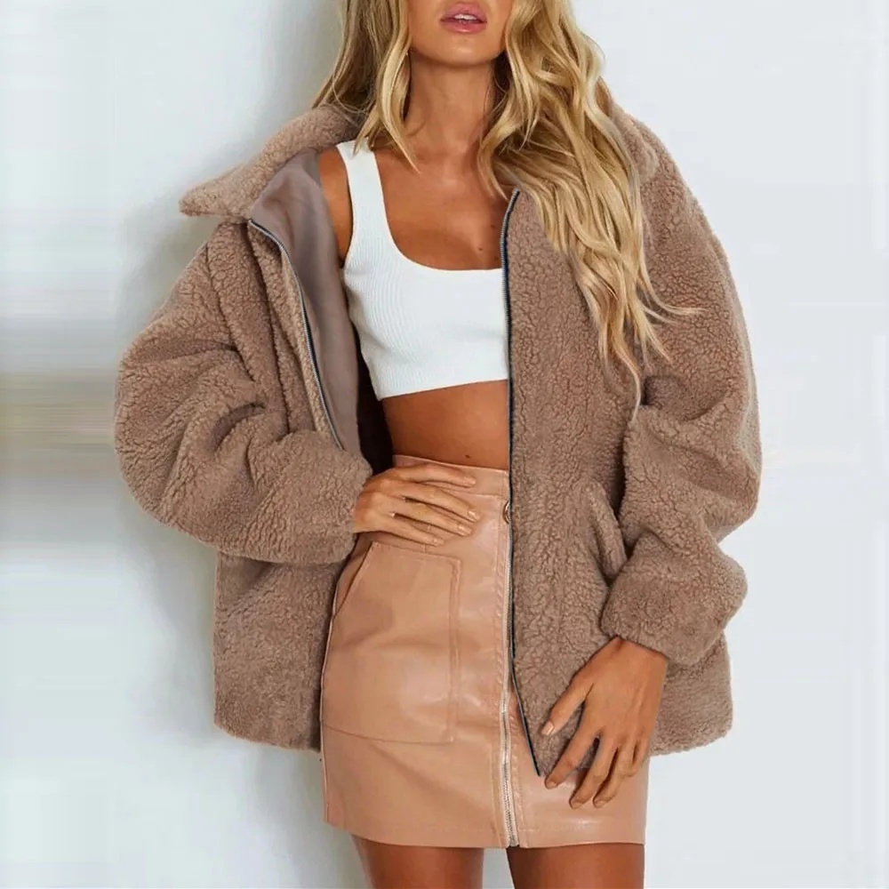 Модное зимнее женское пальто с длинным рукавом из искусственной овчины