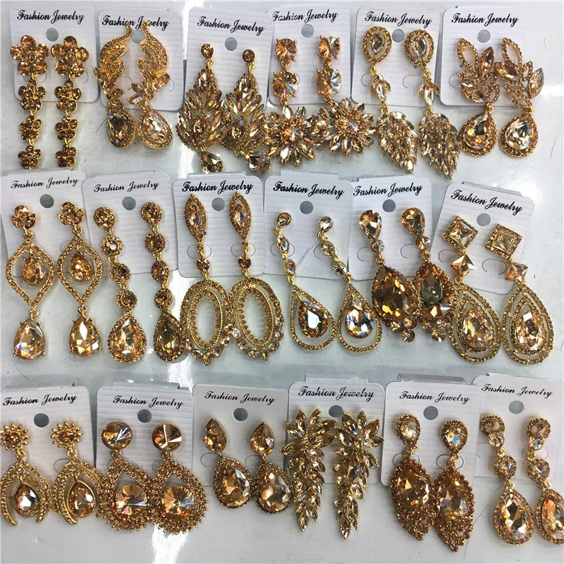 

Wholesale 12 Pairs Mixed Design Champagne Crystal Dangle Earrings Women Wedding Bridal Rhinestone Drop Statement Earrings Gifts